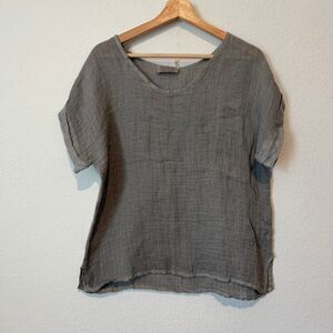 Sofia Italy Gray Linen Blend Mesh Scoop Neck Blouse Women's One Size NWT